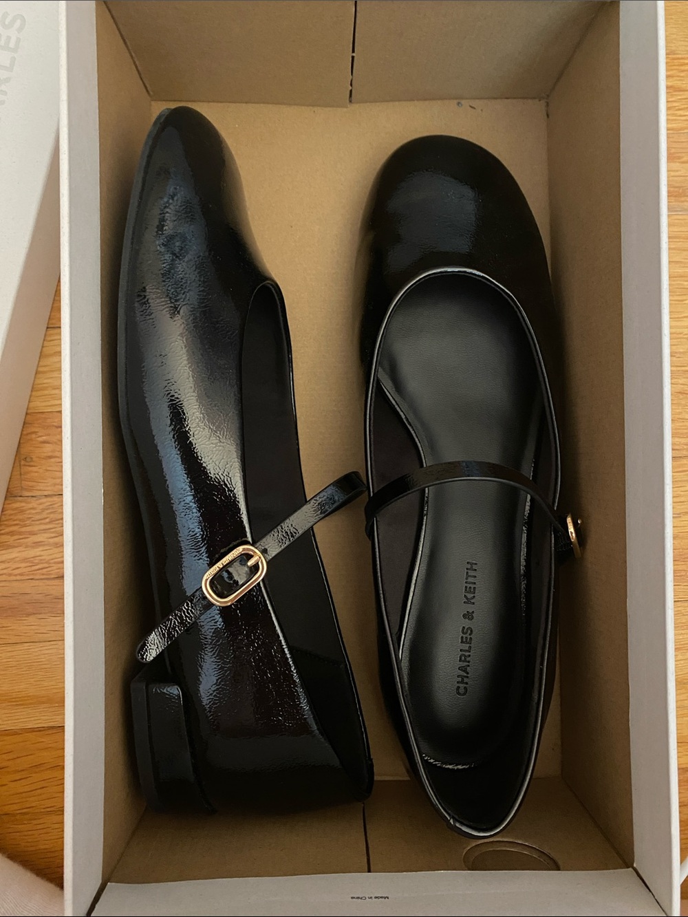 Charles & Keith Glossy Black Mary Jane Flats with Gold Buckle - Picture 6 of 7